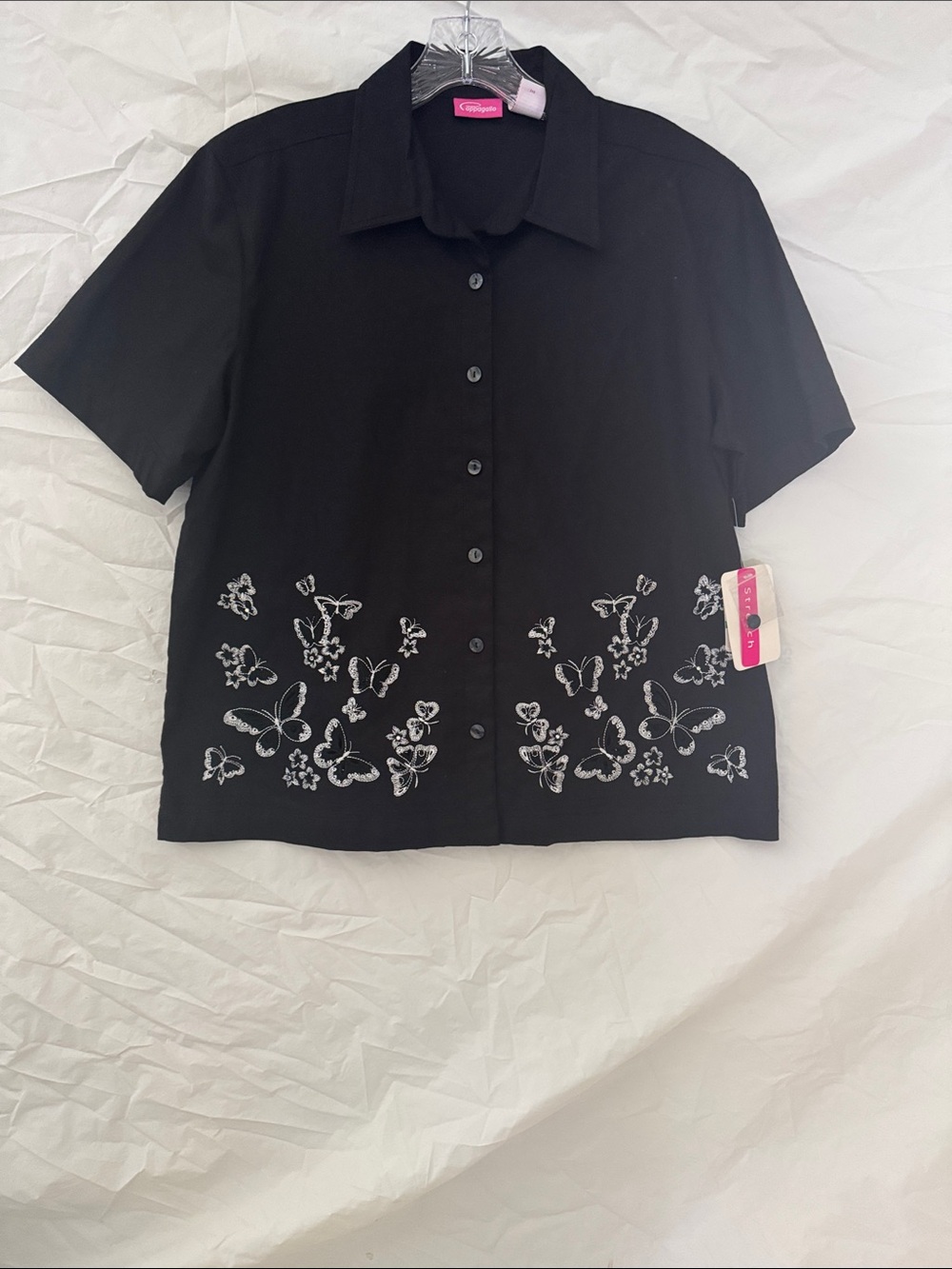 Cappagallo Black Cottagecore Embroidered Butterfly Button Up Top